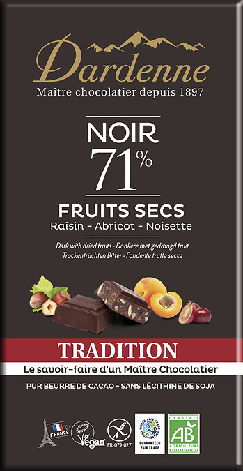 Chocolat noir fruits secs 71% 180g Chocolat noir fruits secs 71% 180g